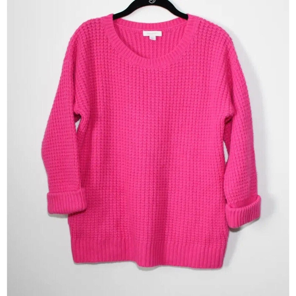 Garnet Hill Waffle Knit Crewneck Cashmere Wool Sweater Pink Pockets Size Small - Picture 13 of 16
